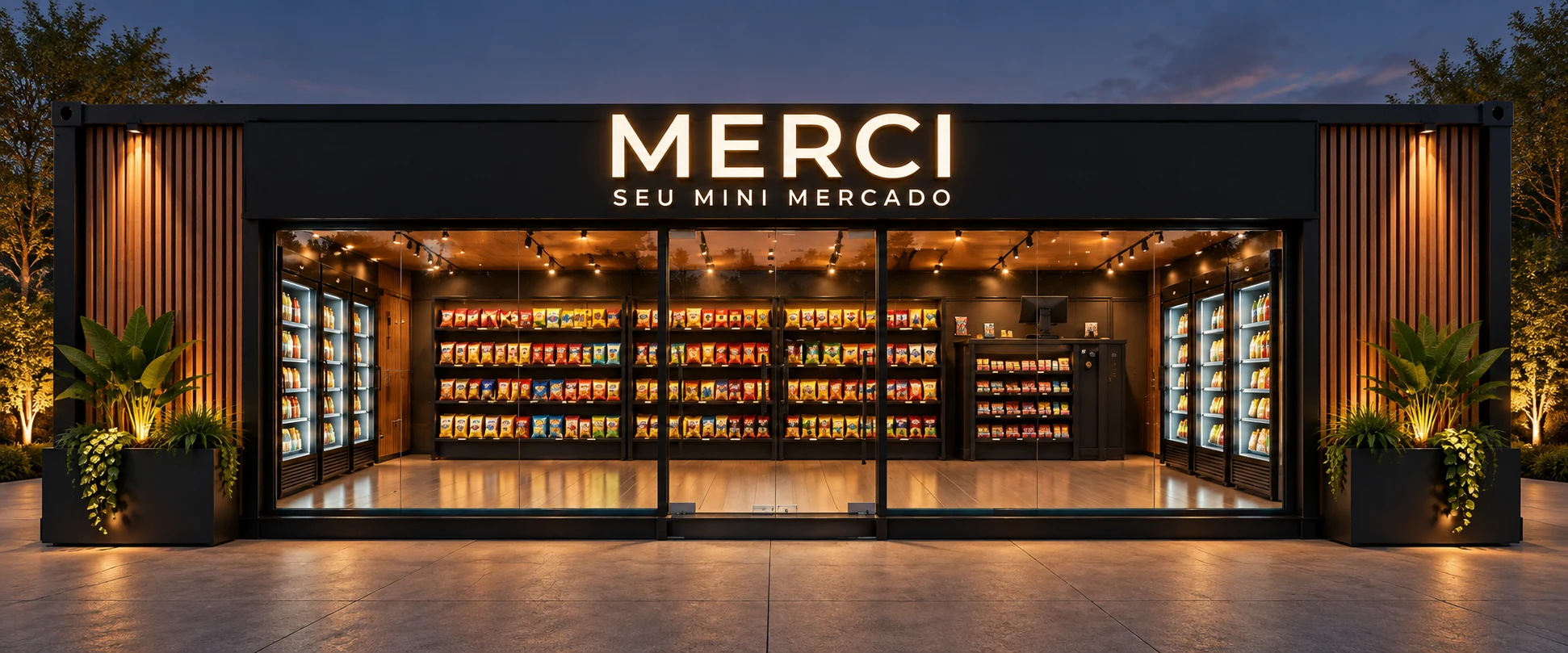 Fachada contemporânea do Merci Seu Mini Mercado, com iluminação acolhedora, fachada preta, ripado de madeira e vitrine ampla.